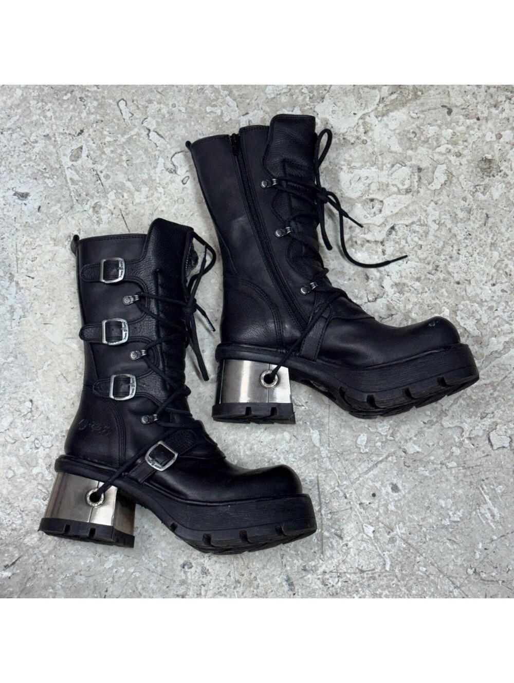 NWT New Rock Black Leather Metal Block Heel Buckle Platform Boots